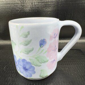 Vintage Hand Made Studio Art Pottery Mug Cup Hand Glazed Pale Blue Floral Signed
